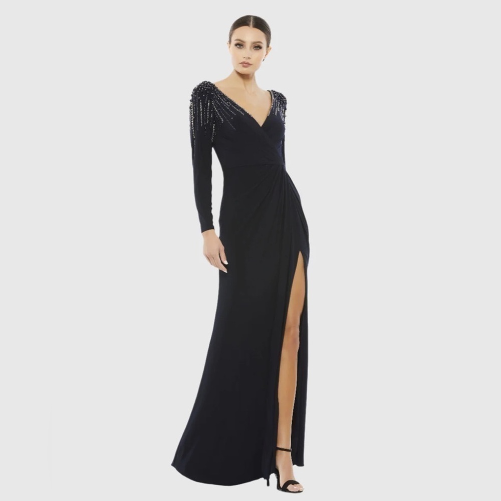 Mac Duggal 55715 NWT Faux Wrap Jersey Gown w/ Embellished Accents